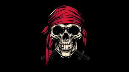 Fototapeta premium A detailed illustration of a pirate skull wearing a red bandana, adorned with crossed cutlasses, rendered in a dark, dramatic style.