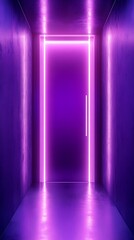 A dimly lit corridor featuring a glowing purple door, creating a mysterious atmosphere.