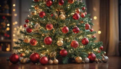 Ornate Christmas tree, vibrant baubles, soft bokeh lights ,  ornaments,  shiny