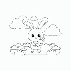 Cute Cartoon Rabbit Holding Carrot – Black and White Coloring Page. Easter bunny with carrot