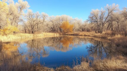 Tranquil Autumn Reflection: Serene Pond Mirroring Colorful Trees