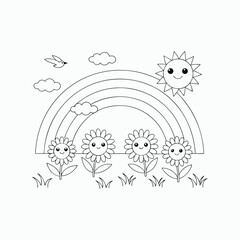Cute Cartoon Sunflowers and Smiling Sun – Black and White Coloring Page.