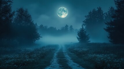 Naklejka premium Moonlit serenity, a tranquil pathway through an enchanted forest at night