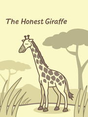 Fototapeta premium The Honest Giraffe: Cartoon Illustration of a Tall Giraffe in an African Savannah Landscape, Childrens Book Style, Beige Tones