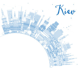 Outline Kiev Ukraine city skyline with blue buildings and copy space. Kyiv cityscape with landmarks. Business travel and tourism concept with historic architecture.