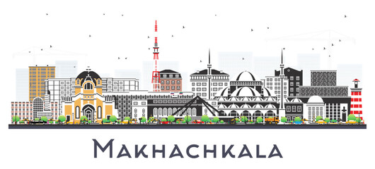 Makhachkala Russia city skyline with color buildings isolated on white. Makhachkala cityscape with landmarks. Business travel and tourism concept with modern and historic architecture.