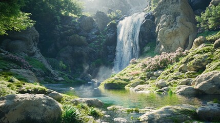 A serene mountain waterfall flowing into a small pool surrounded by moss-covered rocks.