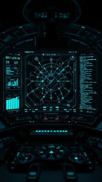 Futuristic Control Panel Glows Teal Dynamic digital map displays vibrant data streams in cool cyan light.. AI Generated