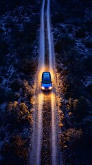 SUV Driving on a Dirt Road at Night Top Down View of Vehicle Headlights Illuminating the Path