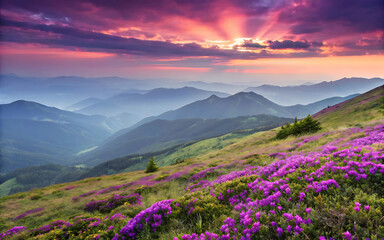 Obraz premium Sunset view of pink flowers blooming in the green mountain landscape