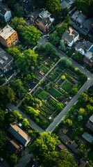 Fototapeta premium Aerial View of Community Garden nestled amongst City Homes Green Urban Landscape