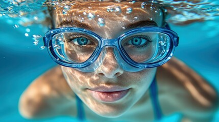Fototapeta premium Underwater girl swimming with goggles