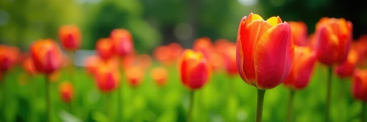 Freshly opened tulip blooms in a lush green garden bed, sprout, fresh tulip, flowers
