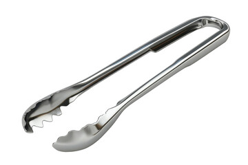 Sleek stainless steel kitchen tongs perfect for grilling serving salads or picking up delicate foods A modern design reflecting light on transparent background