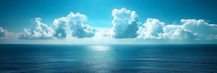 Fototapeta premium Serene Ocean Horizon with Fluffy White Clouds Peaceful Summer Seascape
