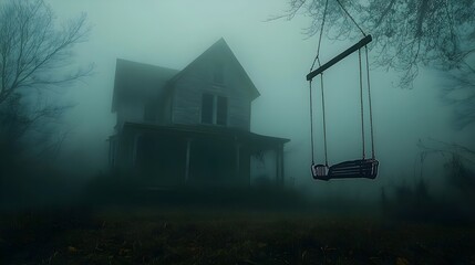 Mysterious Foggy House with Swing Set Eerie Abandoned Home in a Spooky Atmosphere
