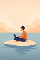 Minimalist vector illustration of a person working remotely on a floating island surrounded by water. Symbolic concept of calm productivity and emotional balance. Perfect for websites, blogs, etc...