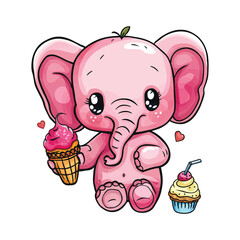 Cute pink elephant with ice cream and a cupcake
