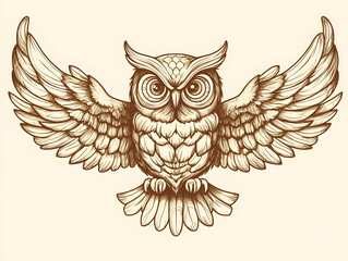Obraz premium Detailed sepia drawing of an owl in flight, wings spread wide, showcasing intricate feather details