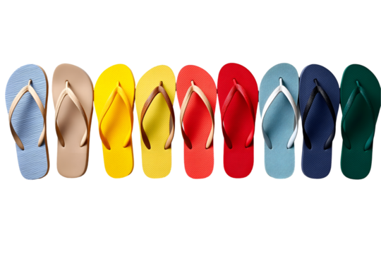 Colorful Flip Flops Arranged in Row on White or Transparent Background