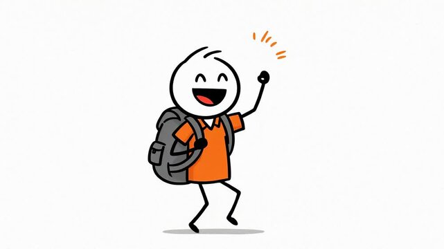 Joyful Stick Figure Traveler with Backpack Celebrates