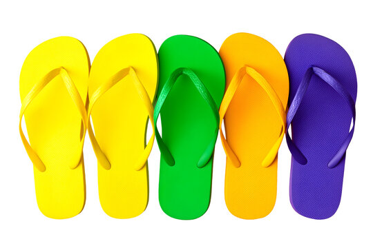 Colorful Flip Flops Arranged on White or Transparent Background Summer Footwear