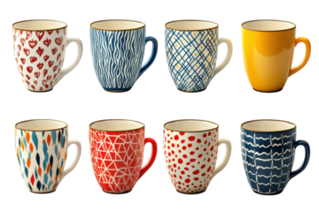 Eight stylish ceramic mugs showcase vibrant patterns hearts waves and geometric designs in red on transparent background
