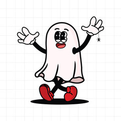 A happy white ghost character with a spider hanging from its hand, wearing red shoes.
