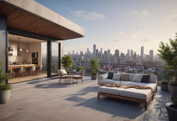 Fototapeta premium Modern city view apartment with rooftop terrace access, balcony, urban