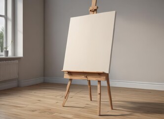 Easel's sturdy base and legs hold a vast empty canvas ,  picture,  simple