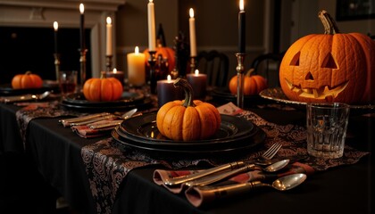 Halloween dinner setting with carved pumpkins and candlelight ambiance  