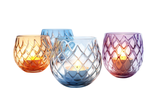 Elegant glass candle holders with diamond pattern showcasing warm soft lighting Three vibrant colors orange blue and purple create a on transparent background