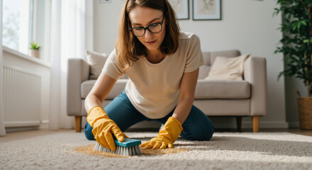 Woman with glasses brushing carpet with yellow gloves in cozy living room. Stain removal and deep cleaning for allergen-free home and fresh living space