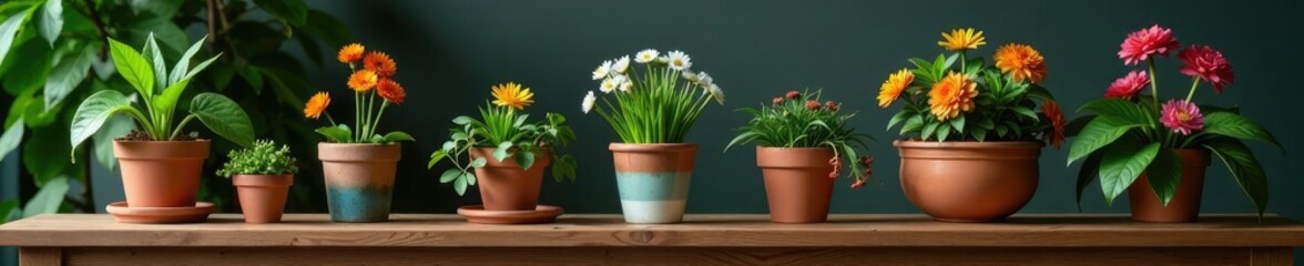 Fototapeta premium Potted plants and seasonal flowers on a wooden shelf, mabon, spiritual practices