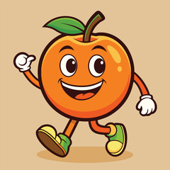 Groovy orange mascot. Funky retro character. cartoon apple, smiling, walking. Funny vintage trendy style character. Doodle Comic collection 