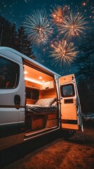 Campervan Interior Night Scene with Fireworks Display Cozy Van Life Adventure