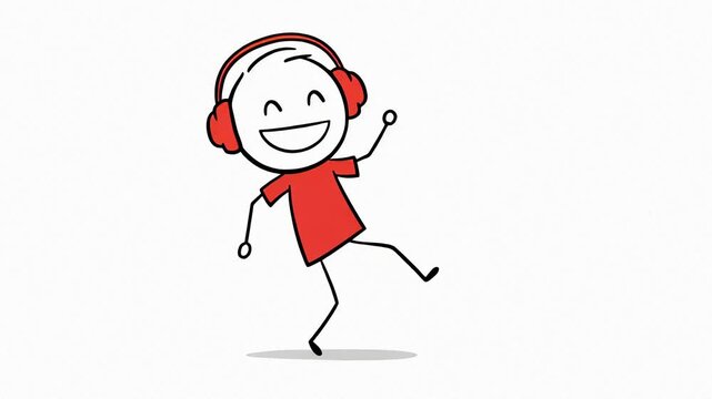Joyful Stick Figure Dancing with Red Headphones