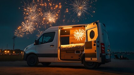 Campervan Vacation Night Scene Fireworks Beach Holiday Celebration