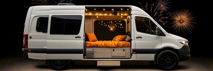Luxurious Camper Van Conversion Nighttime Scene with Fireworks Perfect for Adventure Travel