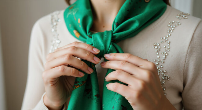 Woman hands adjusting green silk scarf with white embellished sweater. Elegant fashion accessory for professional outfit and luxury wardrobe styling