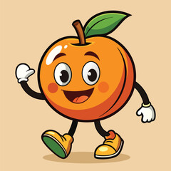 Groovy orange mascot. Funky retro character. cartoon apple, smiling, walking. Funny vintage trendy style character. Doodle Comic collection 