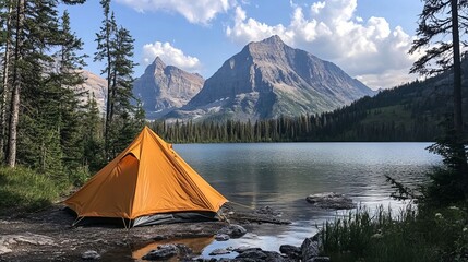 Orange Tent by a Mountain Lake Stunning Alpine Scenery for Camping Adventures
