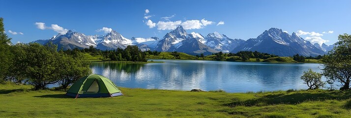 Serene Lakeside Camping A Green Tent by a Mountain Lake Breathtaking Alpine Scenery