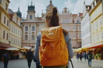 Fototapeta premium A Solo Traveler with an Orange Backpack Exploring the Charming Streets of a European City