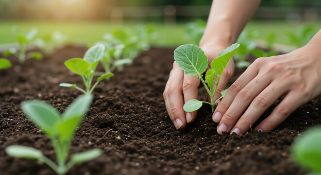 Woman hands planting cabbage seedling in soil with other plants in background. Spring gardening activity in vegetable patch. Organic farming and sustainability concept for home food production