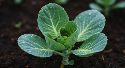 Young cabbage plant with water droplets growing in dark soil. Fresh vegetable seedling with dew on leaves. Organic farming and home garden growth during spring season