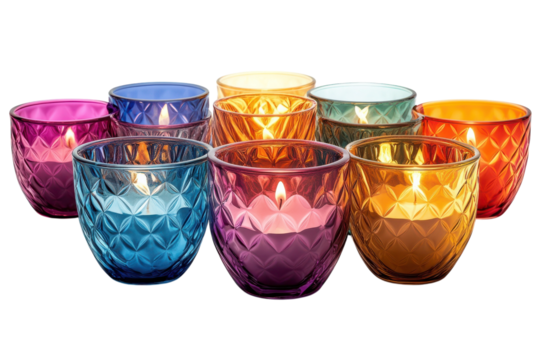 A captivating collection of vibrant glowing candles in colorful diamond patterned glass holders on transparent background