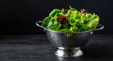 Mixed salad leaves in metal colander on dark background. Fresh greens for healthy nutrition and restaurant menu ingredients