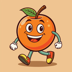 Groovy orange mascot. Funky retro character. cartoon apple, smiling, walking. Funny vintage trendy style character. Doodle Comic collection 