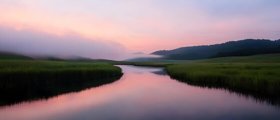 Fototapeta premium Misty Sunrise Over a River
